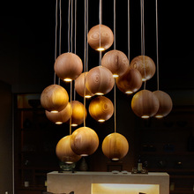 复古个性球形木头复古吊灯 创意客厅吧台休闲吧咖啡厅原木LED吊灯