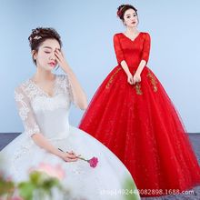 红色婚纱礼服2024新款韩式婚纱一字肩显瘦厂家绑带复古婚礼大码