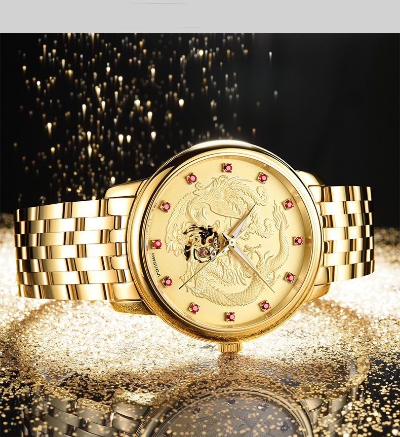 定制加工金色龙凤表全自动机械表夜光防水镂空性价比厂家一件代发