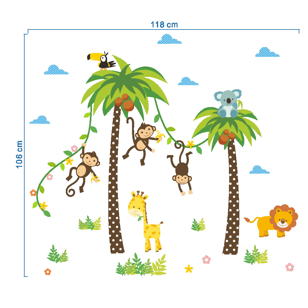 zy134新款卡通椰树猴子儿童房墙面装饰幼儿园环境布置可移除贴画