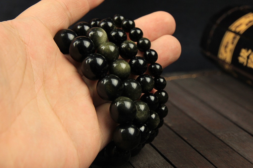 天然墨西哥金曜石手链猫眼石 黑曜石水晶饰品手串单圈货源批发