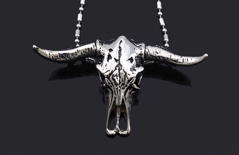 外贸热销不锈钢骷髅牛头吊坠狂野钛钢男士项链动物朋克饰品铸造-阿里