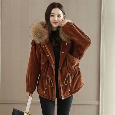 棉服女中长款2017新款潮韩版百搭宽松冬季灯芯加厚保暖条绒外套