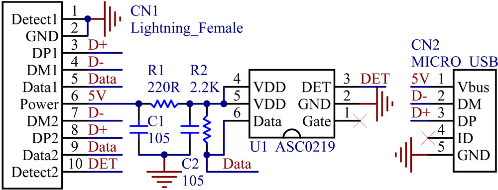 苹果iphone5/6/7/8/x lightning母座通信协议解码芯片ic,asc0219