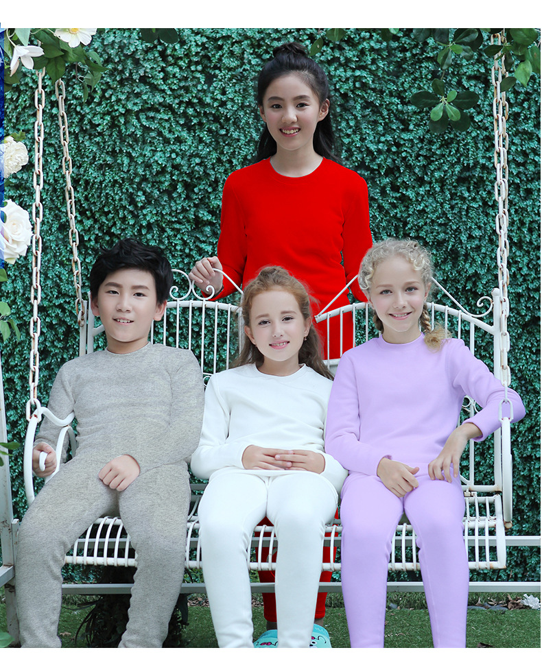 森之鼓秋冬款保暖秋衣套装 男童女童保暖加绒纯色秋衣秋裤套装