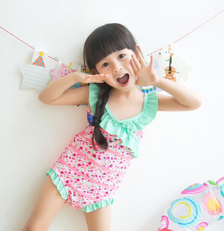 【微供一件包邮】儿童泳衣宝宝小中童绿宽花边小玫瑰印花连体泳装