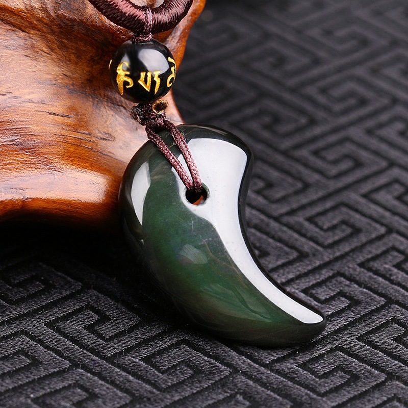 厂家直供天然彩虹眼黑曜石勾玉吊坠男女款狼牙月牙项坠情侣项链