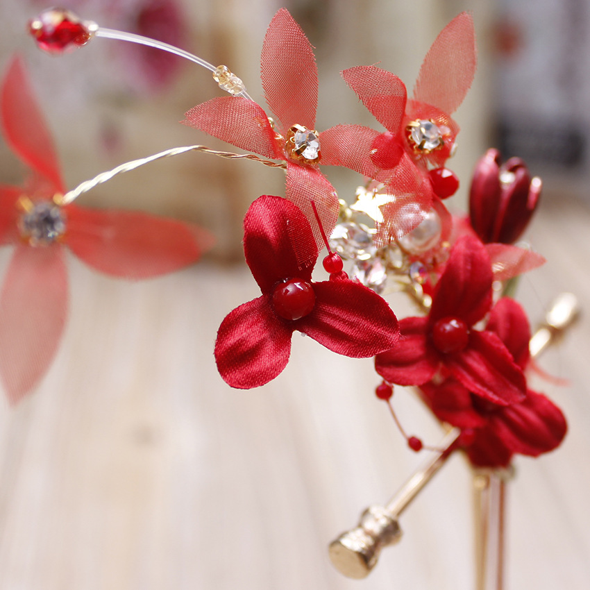 韩式新娘头花 红色礼服敬酒服配饰 婚庆郁金香手工发饰品水晶发夹