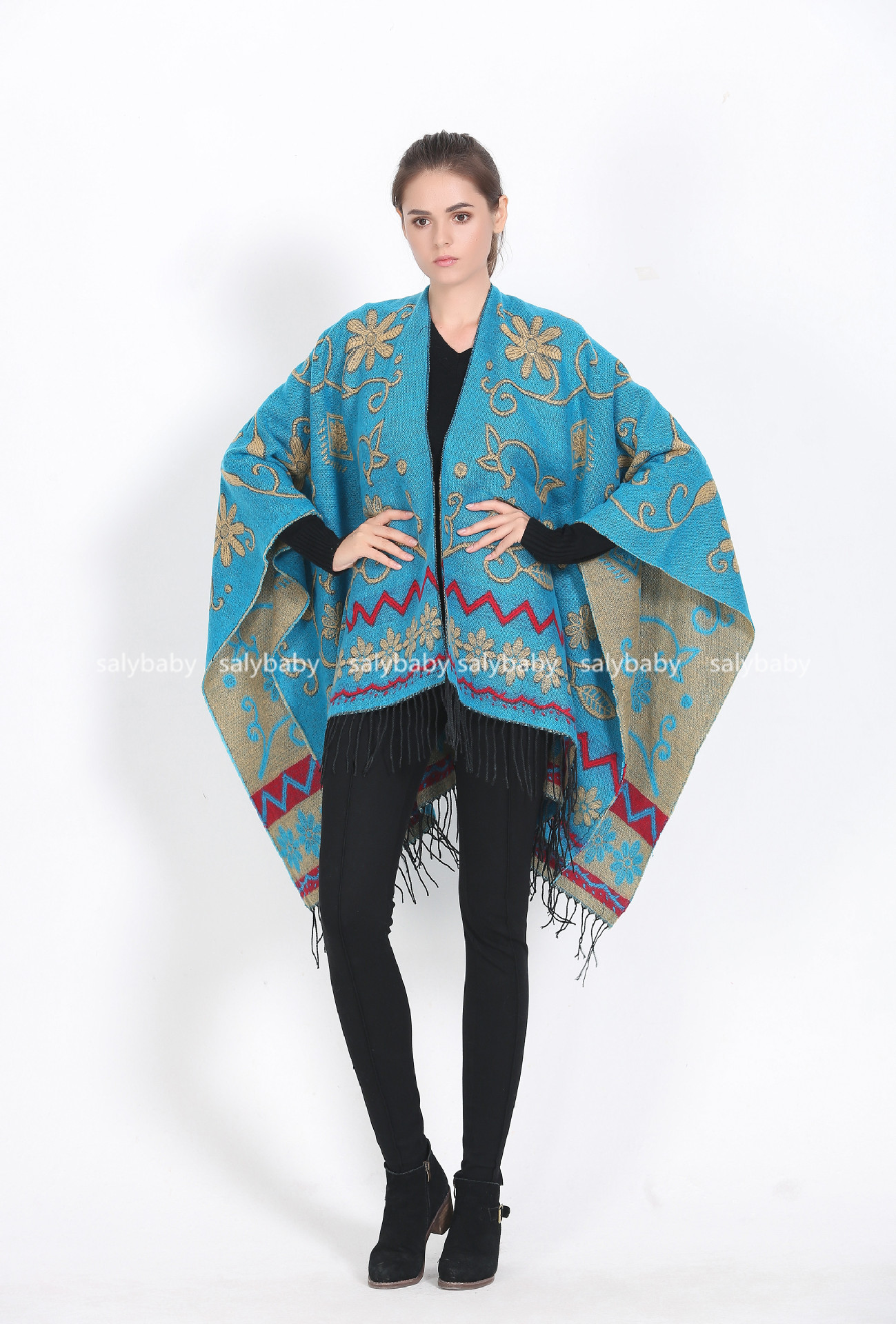 民族风披肩秋冬尼泊尔太阳花混羊毛加厚开叉披肩围巾一件代发