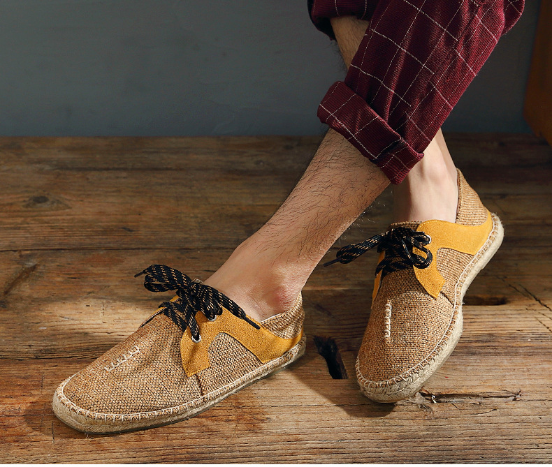 批发男渔夫帆布麻底鞋 平底草编鞋懒人帆布鞋 男式麻底鞋