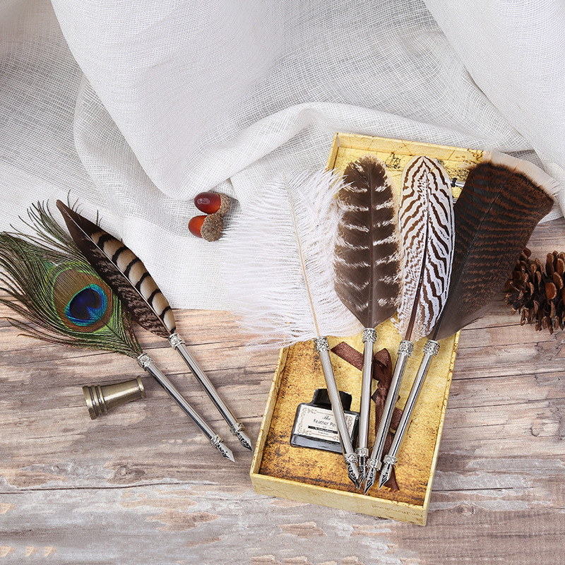 欧式猫头鹰羽毛笔复古蘸水笔钢笔套装个性创意新年礼品钢笔批发