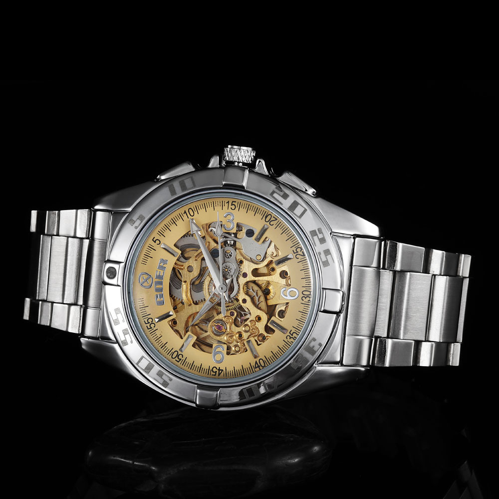 goer/高尔时尚镂空透底自动机械手表 防水男表钢带男士手腕表