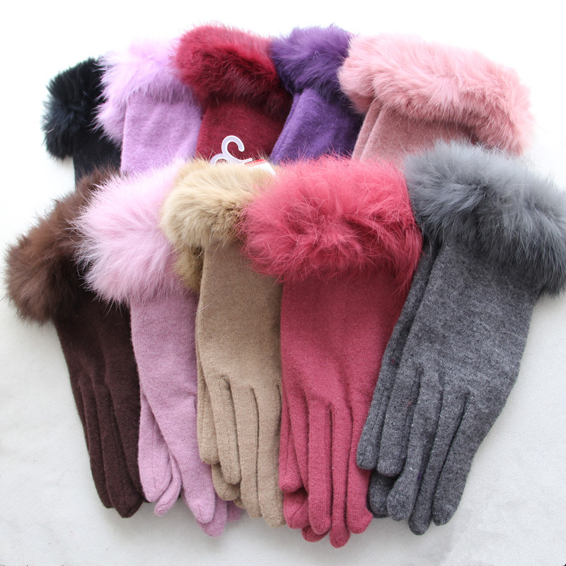 韩版时尚女士手套 单色光板兔毛口 秋冬季保暖羊毛羊绒分指手套女