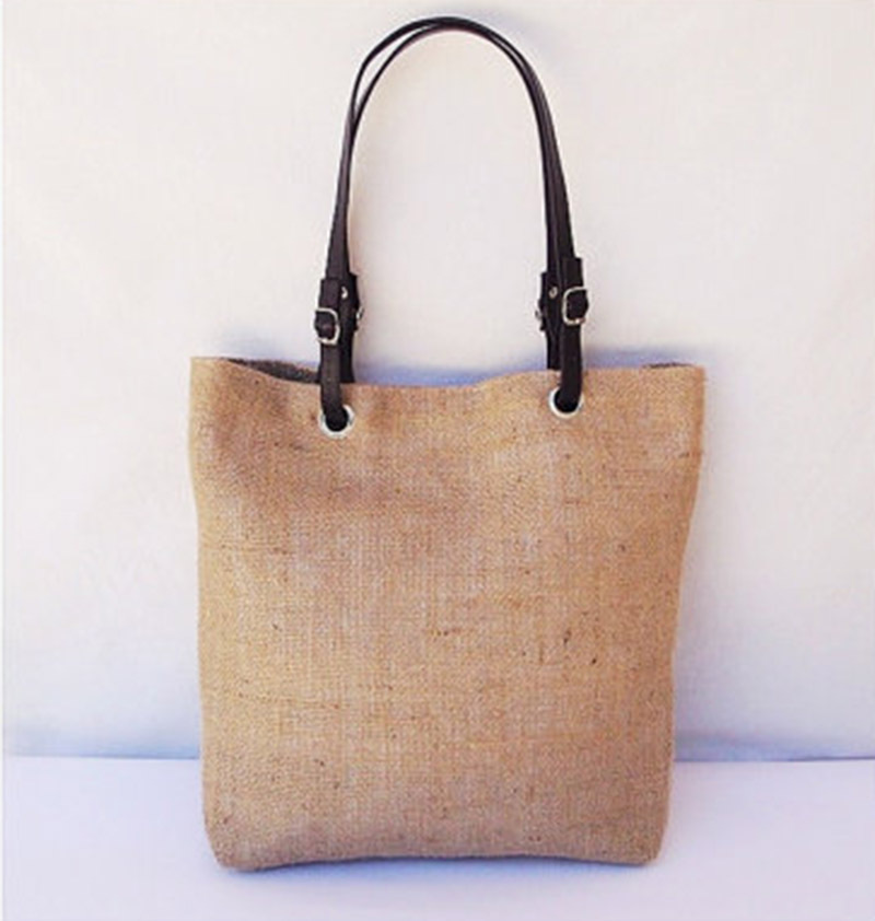 可调节皮革肩带 黄麻布女包单肩包手提包 旅行沙滩 定制logo