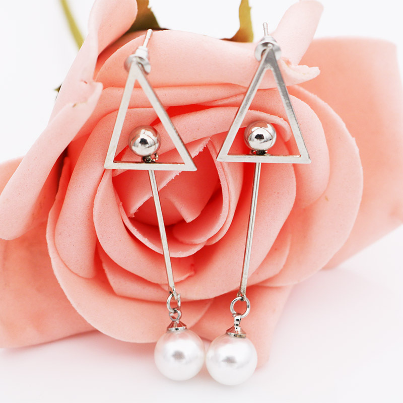 日韩国时尚甜美个性三角形耳钉耳环长款气质珍珠女饰品批发