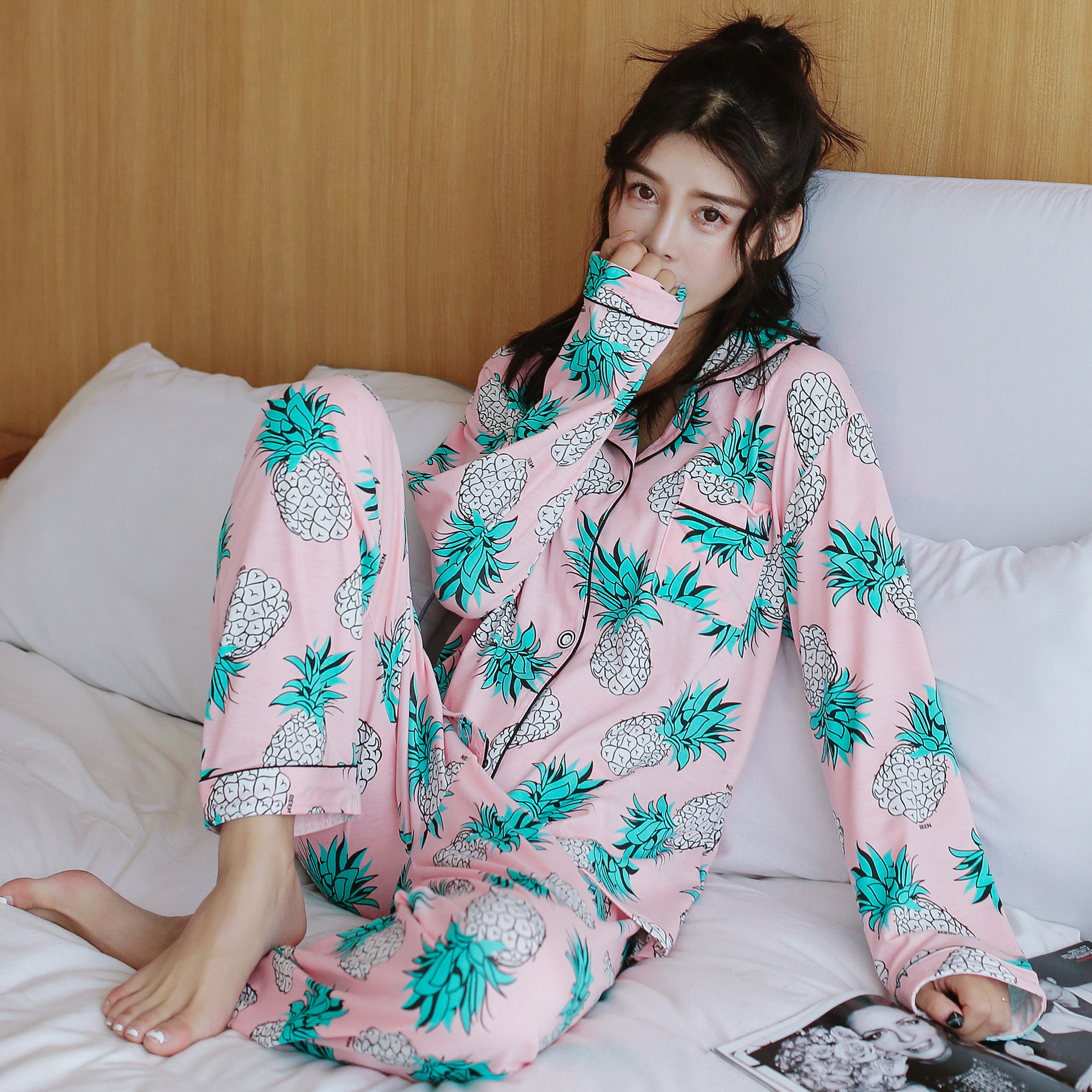 春秋季睡衣女针织棉菠萝开衫面料长袖长裤套装睡衣