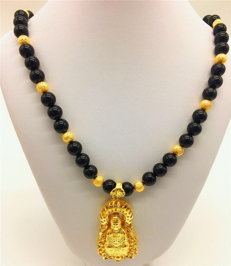 越南沙金 观音吊坠男士长款佛珠项链镀金饰品男款项坠黑珠饰品