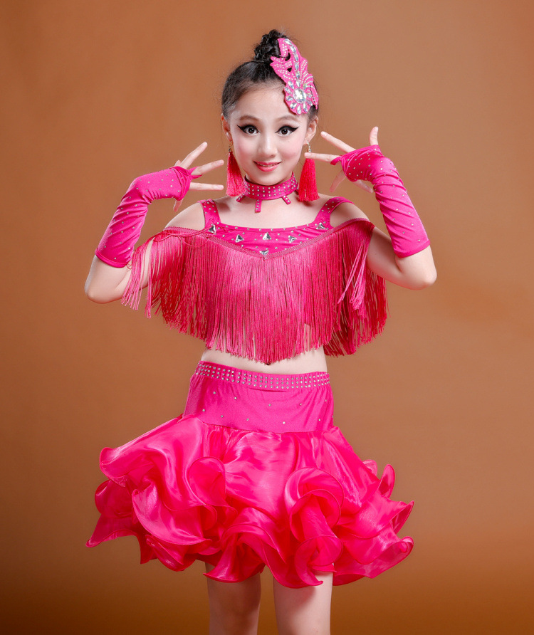 儿童拉丁舞演出服少儿女童拉丁舞裙表演比赛服装新款亮片流苏纱裙