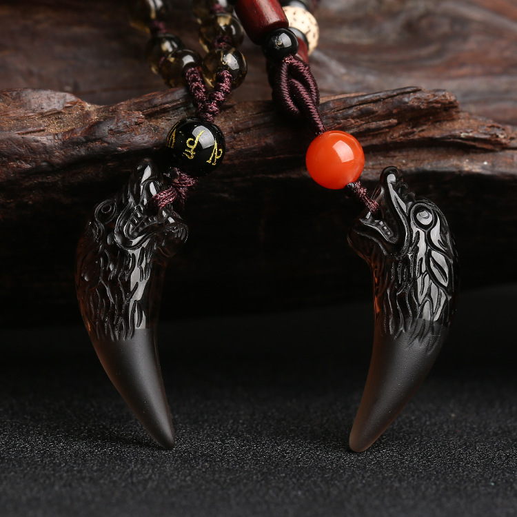 Natural Ice Seed Obsidian Wolf Tooth Pendant