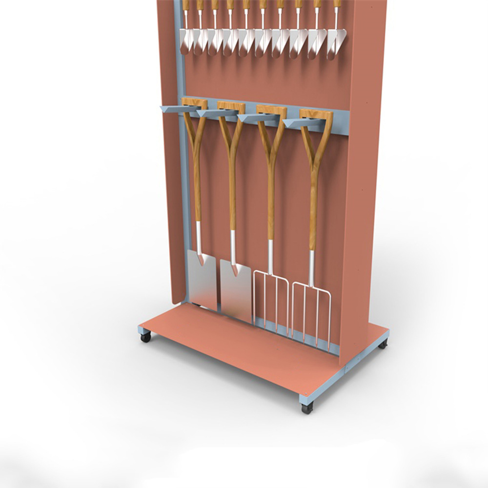 定做金属园艺铲子展示架 不锈钢折叠铲超市货架 双面手动工具展架