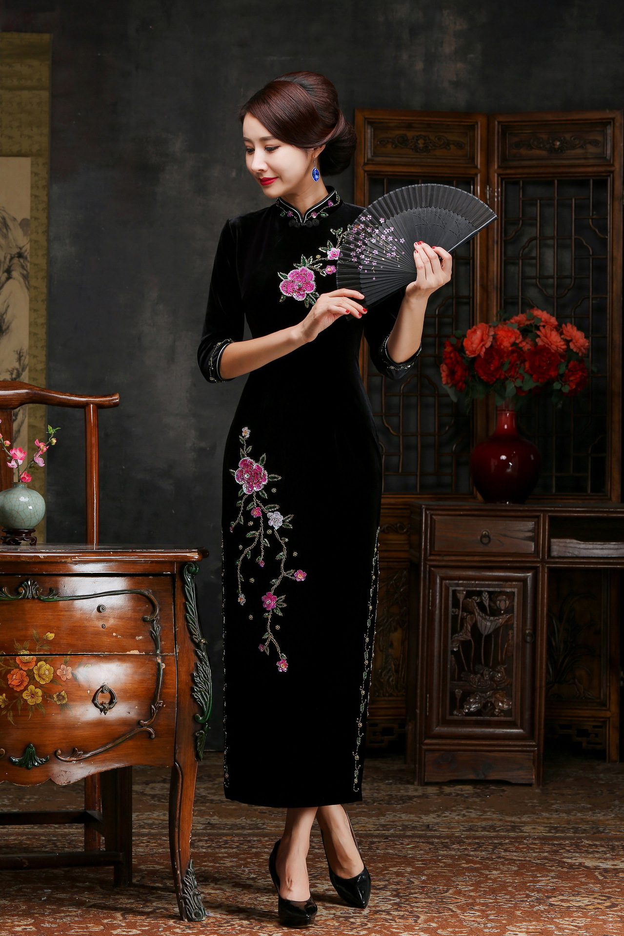 高开叉七分袖丝绒旗袍裙 女式修身显瘦旗袍 复古长款改良旗袍