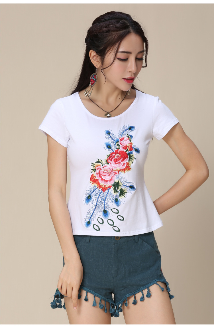 6301新款中国刺绣花t恤女短袖夏季女装圆领修身显瘦民族风上衣