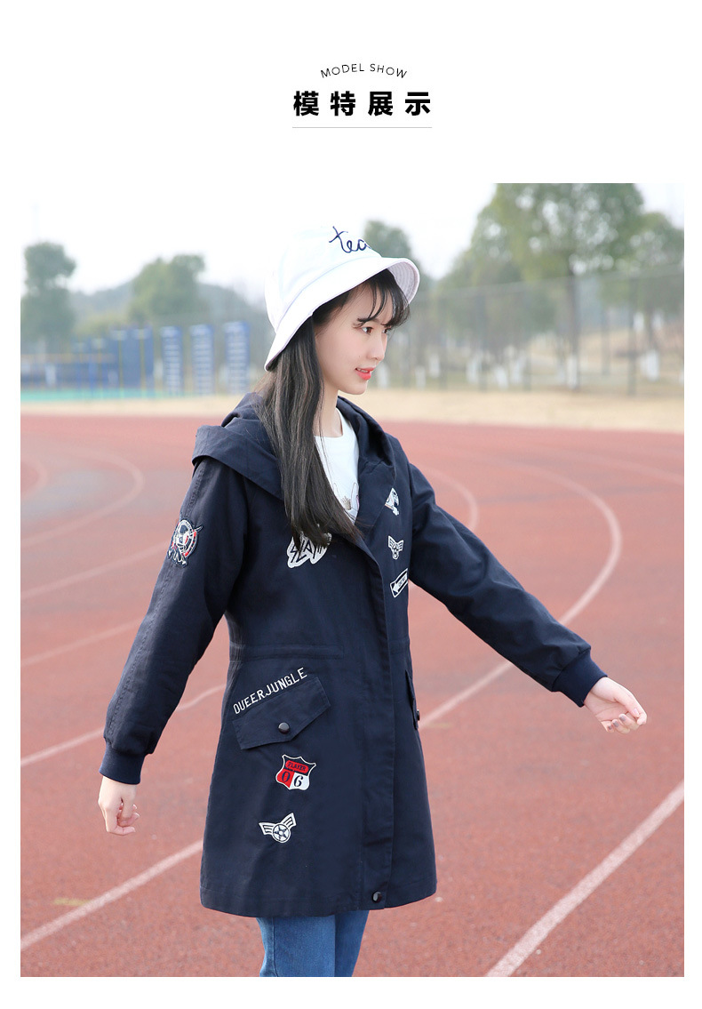 少女风衣中长款韩版修身春装新品女装初高中学生大码棉质连帽外套