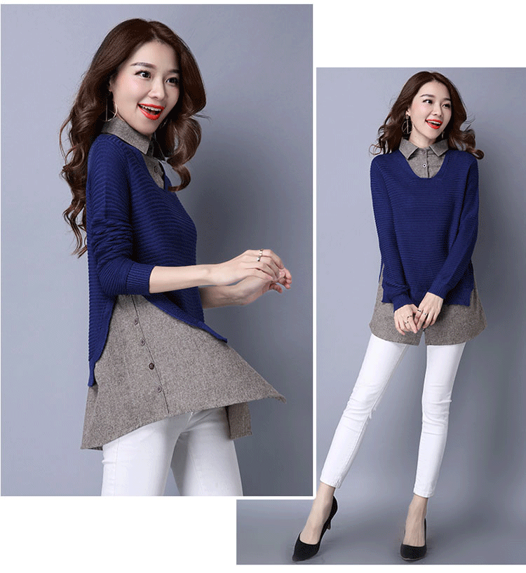 2017春装新款假两件套头针织衫 韩版百