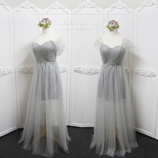 性感内短外长网纱礼服敬酒服浅灰色钻饰长款伴娘服修身款礼服批发