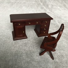 1:12娃娃屋miniature furniture木质迷你家具复古书房场景书桌椅