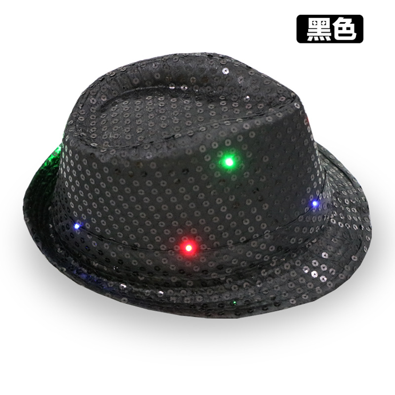 Factory Direct Sales LED Luminous Colorful Flash Fedora Hat Adult and Children Sequins Fedora Hat Stage Performance Top Hat