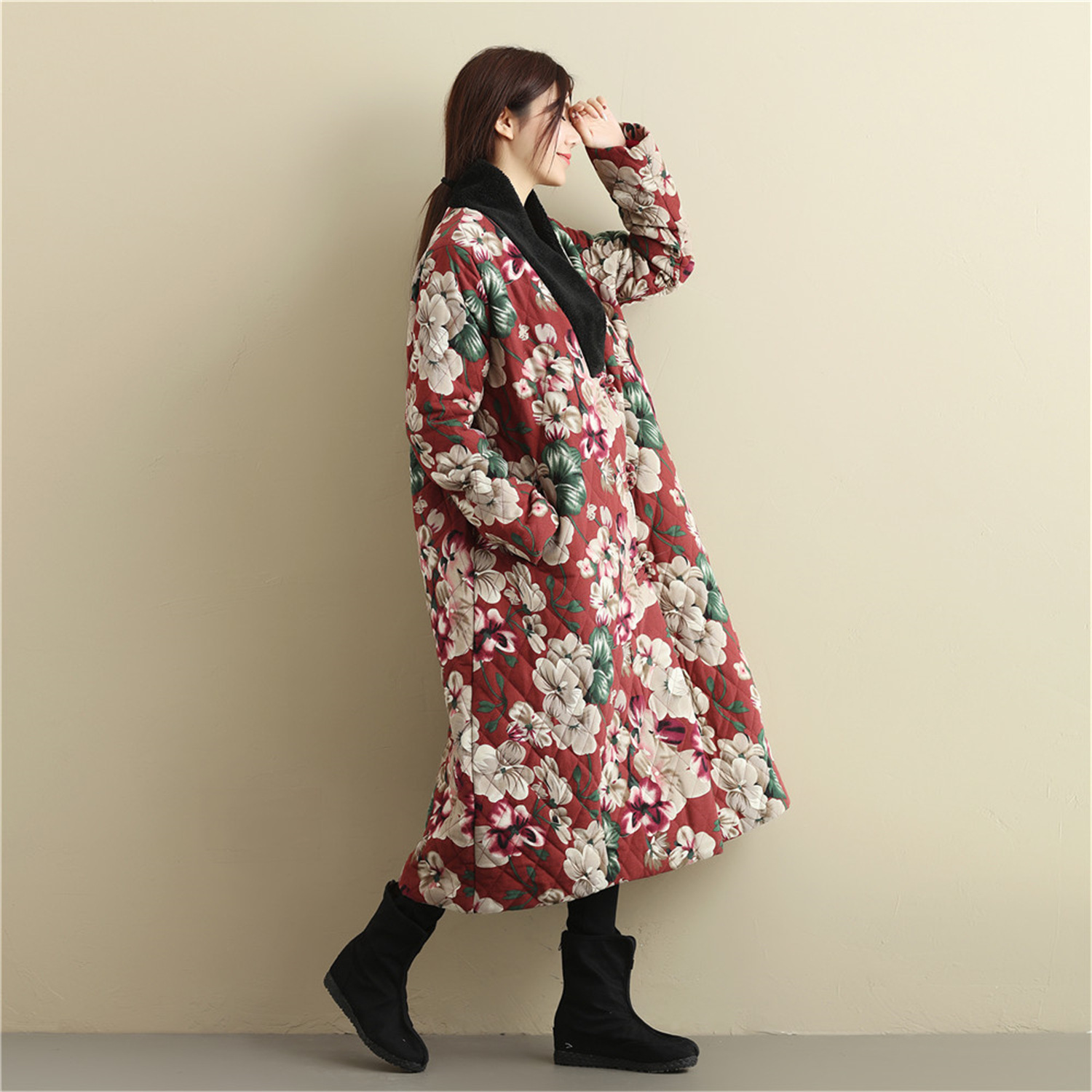 麻凡新款 棉麻杜丹花棉袄复古加肥宽松舒适版冬季女士棉服