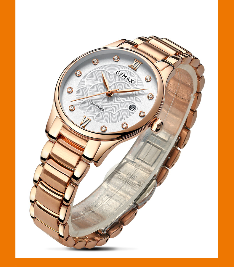 gemax/格玛仕 正品防水石英手表 女款时尚品牌精钢腕表mx8105 玫瑰金