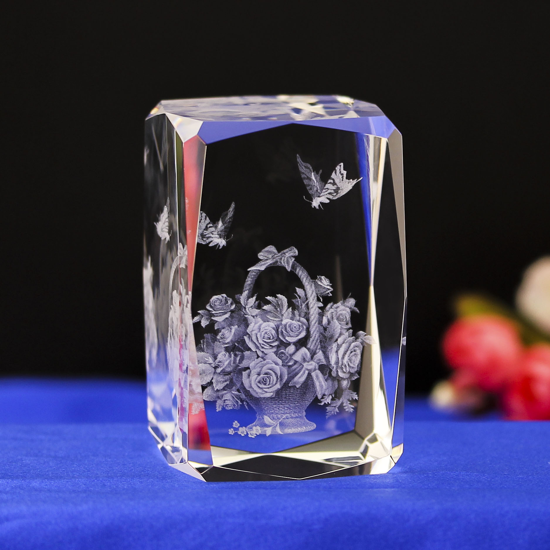 富贵蝶恋花花篮水晶内雕工艺品富贵牡丹家居摆件浪漫创意小礼物