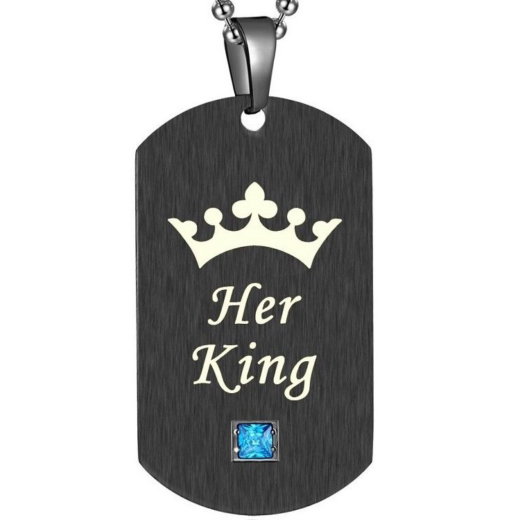 厂家定制欧美新款不锈钢king queen情侣项链吊牌皇冠钛钢狗牌项链