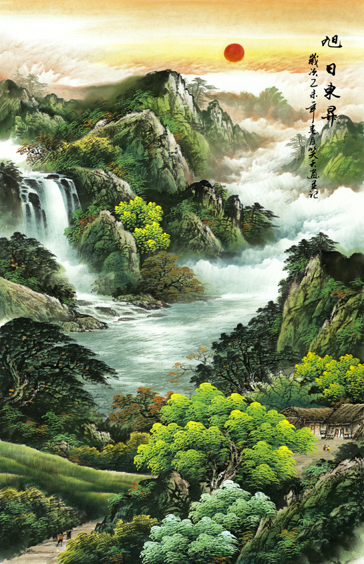 44-73国画 字画山水画旭日东升条幅玄关家居装饰画高仿真画芯批发
