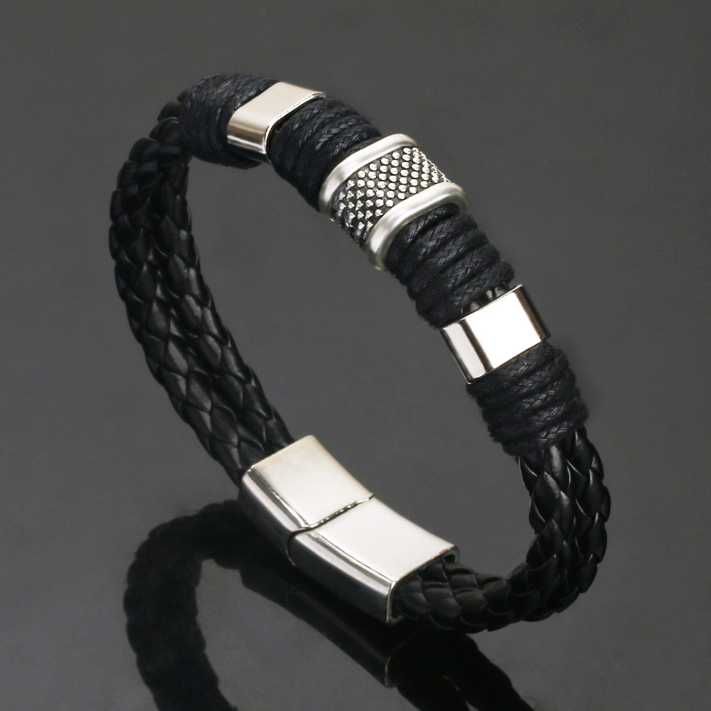 Retro Leather Men's Cowhide Magnetic Buckle Bracelet Korean Fashion Leather Domineering Personalized Woven Leather Cord Bracelet