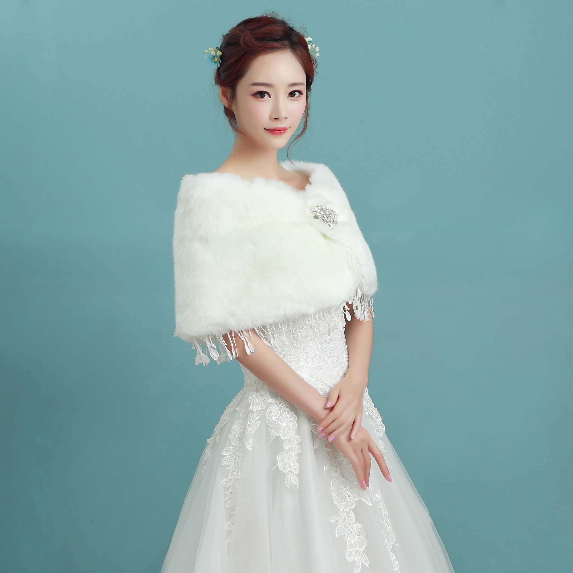韩版新款婚纱毛披肩新娘礼服保暖披肩白色冬加厚结婚外套花纹披肩