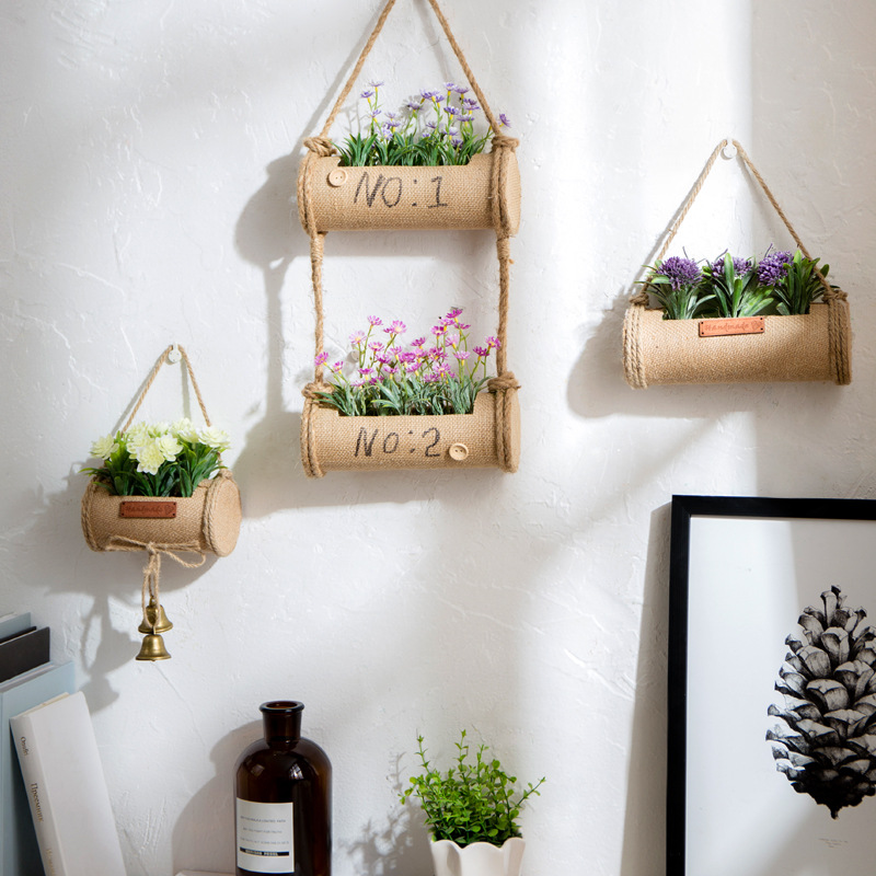 乡村麻布绿植盆栽壁饰庭院阳台墙上创意挂件奶咖店花店小清新墙饰