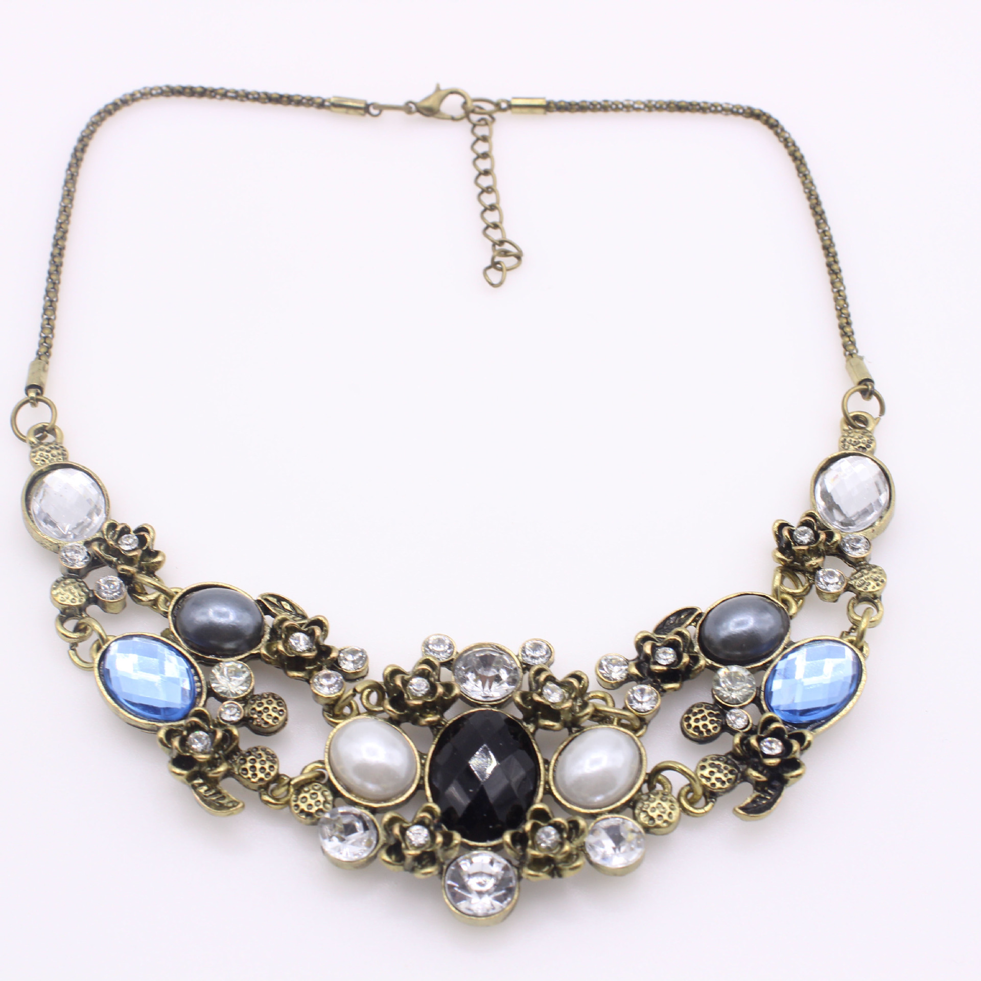 欧美合金项饰批发合金水钻宝石女项链毛衣链复古时尚宝石花朵项链