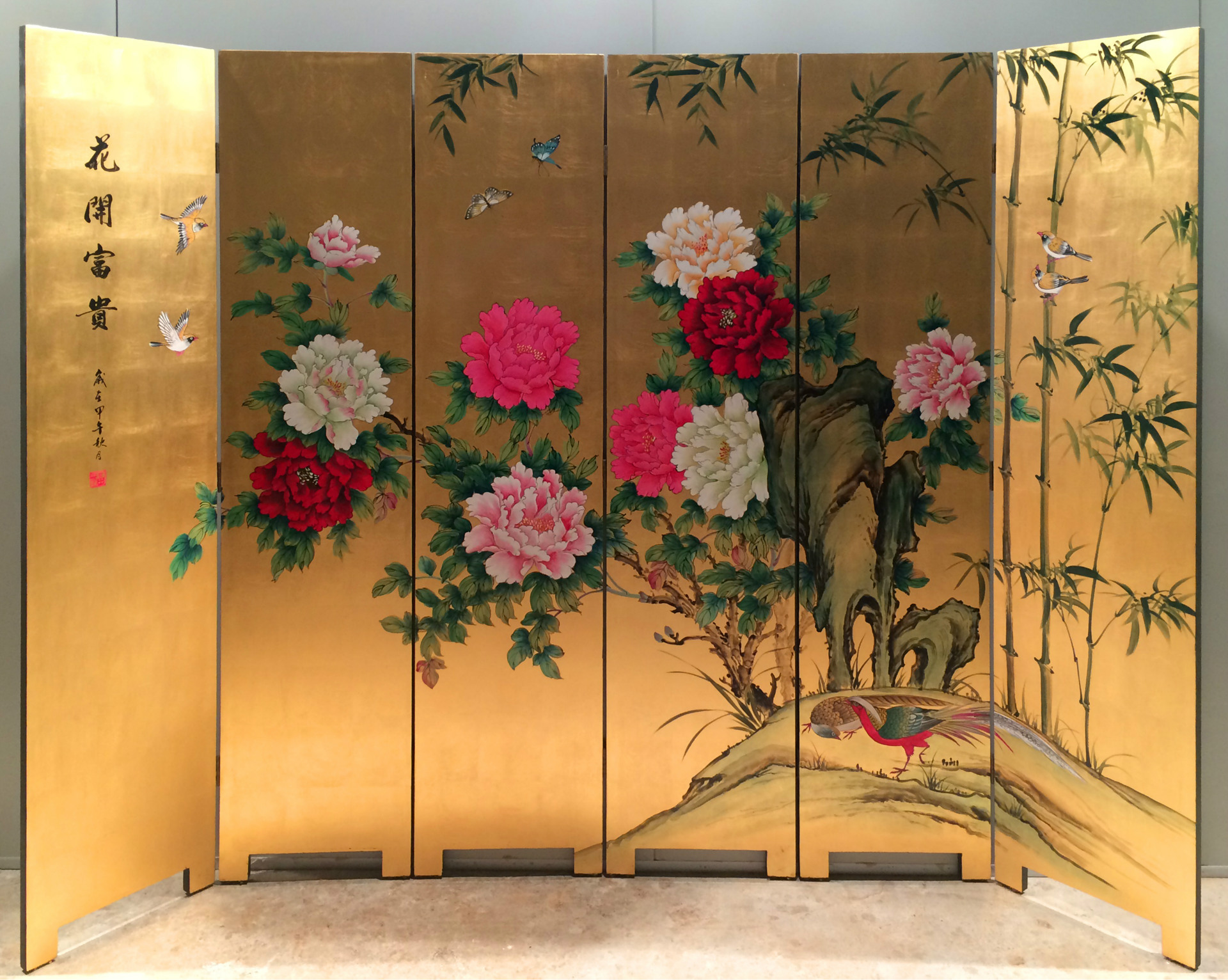 新中式漆画家具酒店手绘玄关隔断金箔屏风花鸟 实木边框古典画定