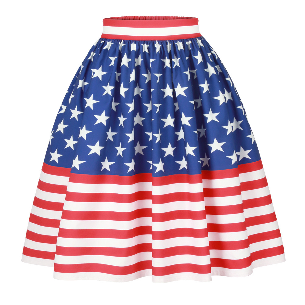 亚马逊时尚百搭国旗印花半身裙 外贸爆款高腰拉链蓬蓬裙百褶裙