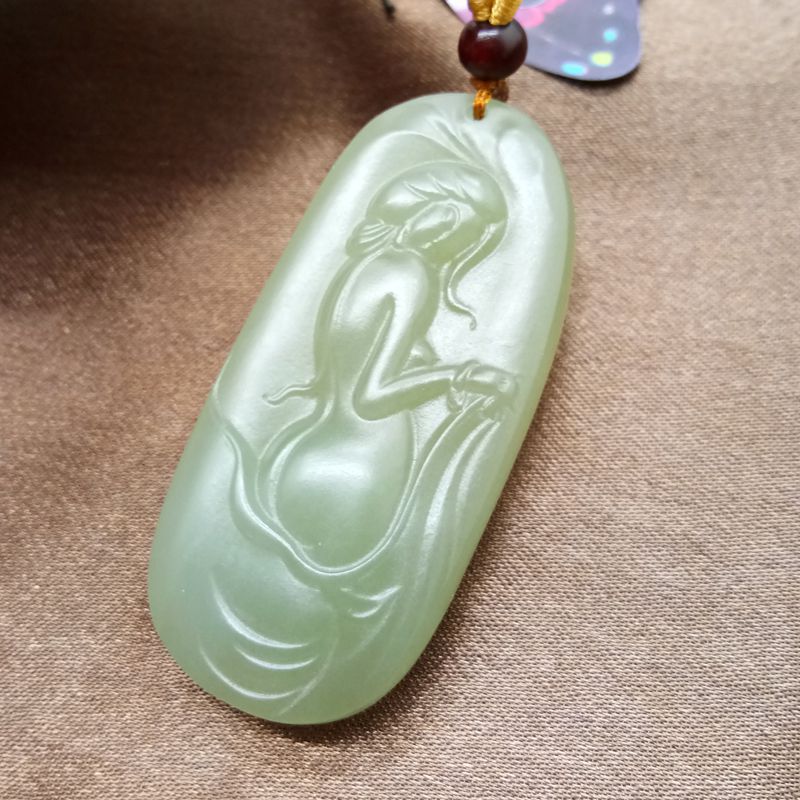 天然和田玉青海料玉石玉器美女(虞美人)吊坠挂件毛衣链女款