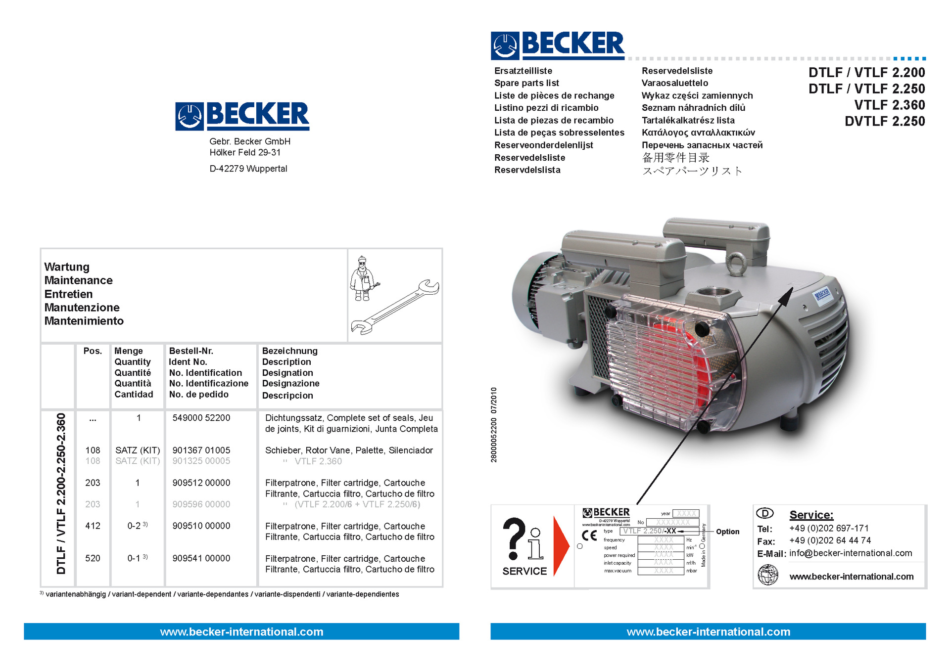 德国becker贝克vtlf2.360干式选片真空泵 及快速维修保养 配件
