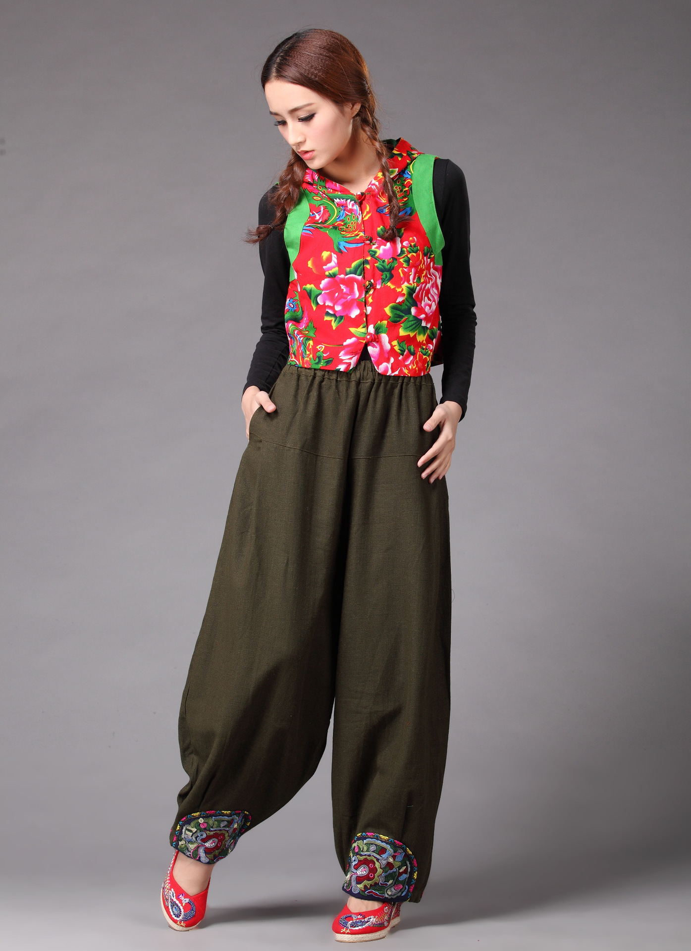 麻凡布衣 爆款 民族风女式休闲裤 亚麻美丽大方灯笼裤 女裤