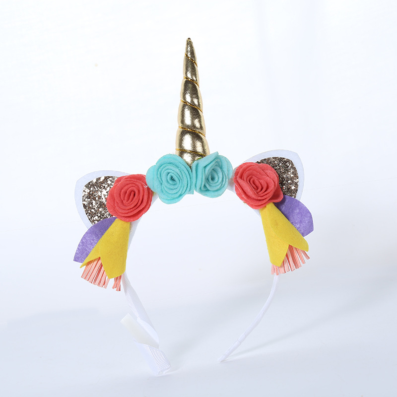 2023 Cross-Border New Arrival Ornament Unicorn Headband Cute Flowers Little Girl Head Buckle Onion Powder Sequins Children's Headband