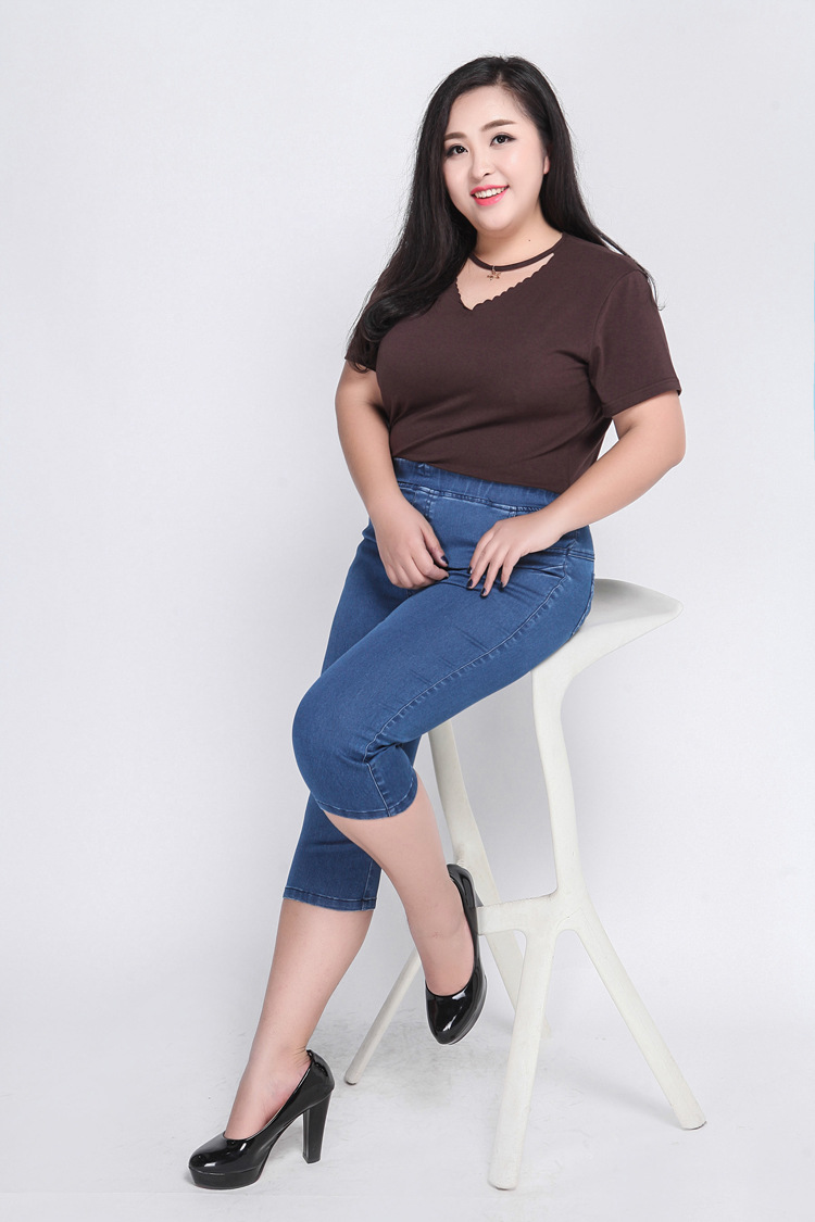 外贸特大码女装200斤胖mm牛仔裤2019夏装弹力七分牛仔裤子加大