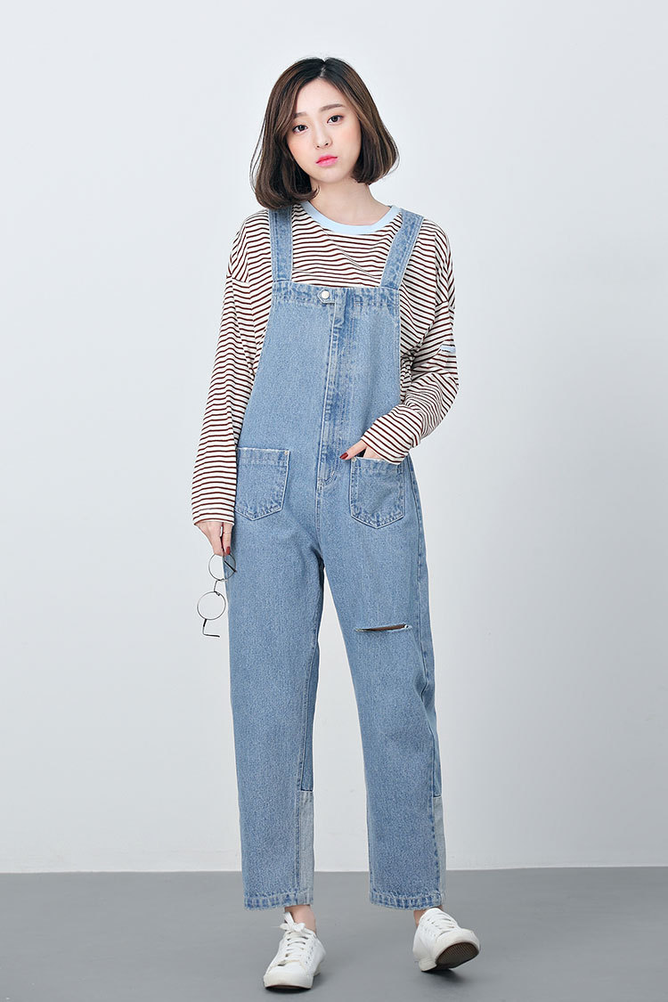 女式背带裤 2017春季新款女装时尚高腰修身显瘦百搭牛仔料背带裤