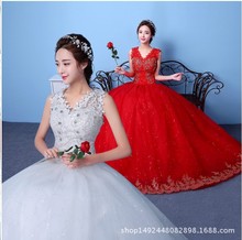 红色婚纱礼服新娘齐地蓬蓬裙韩式婚纱修身显瘦婚纱一字肩v领新款