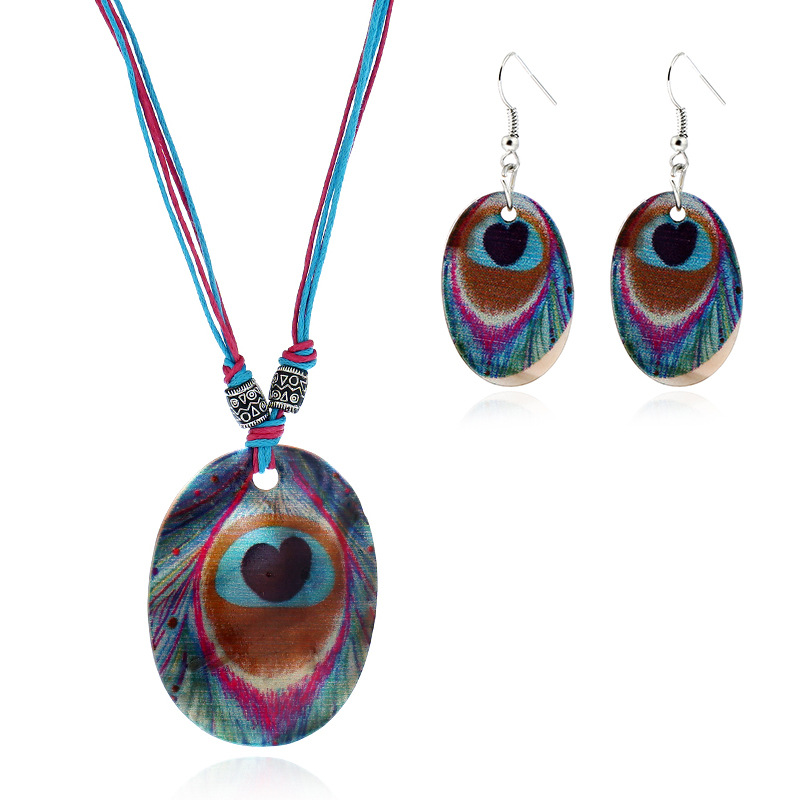 波西米亚民族风饰品 几何形贝壳彩绘孔雀羽吊坠项链耳环套装